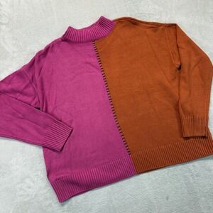 Peace Love World Sweater Womens Large Pink Orange Colorblock Mock Neck Stitching